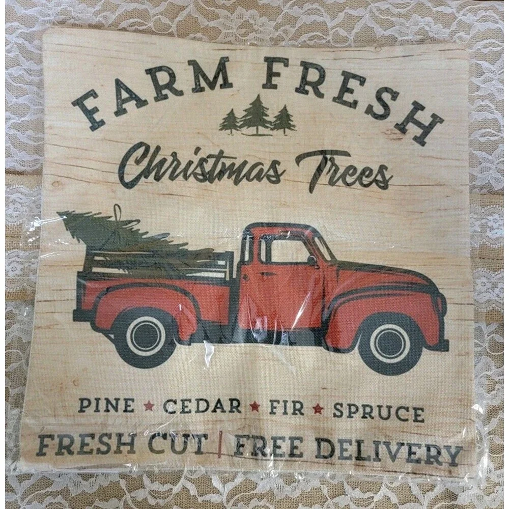 Zipper Holiday Pillow Cover Red Truck Farm Fresh Christmas Trees 17x17